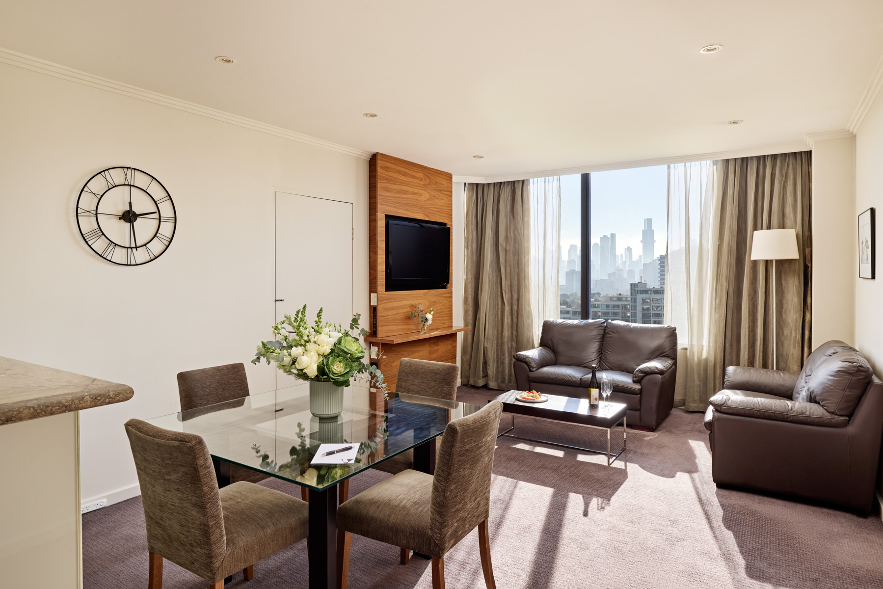 Melbourne hotel living room with city view