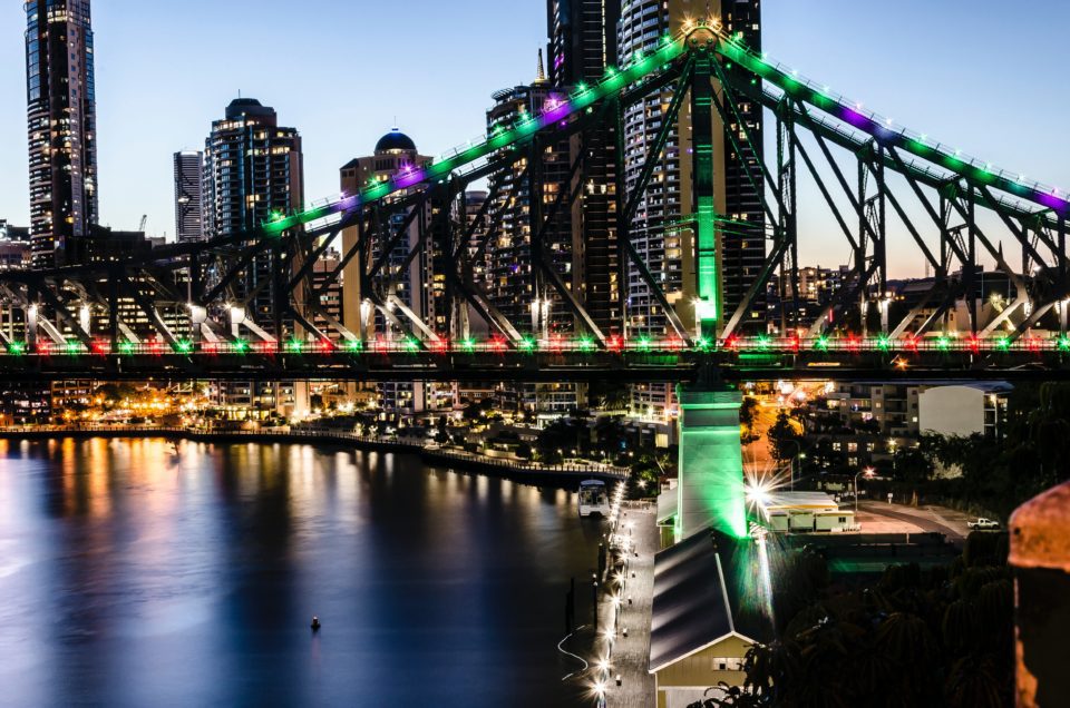 Bridge lit at night in Brisbane